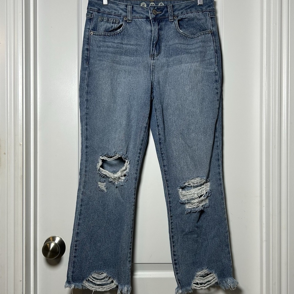 Rewash Cotton Blend High Rise Medium Wash Blue Distressed Straight Crop Jeans